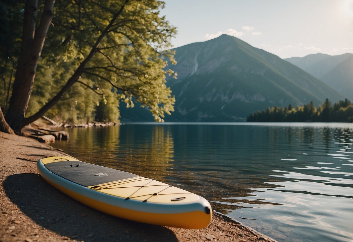 A calm lake with a stand-up paddleboard and a lightweight paddle resting on the shore, surrounded by trees and mountains in the background