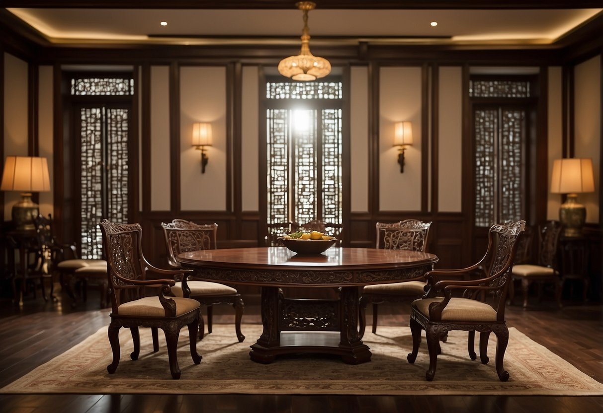 A dimly lit room showcases a richly grained huanghuali table, adorned with intricate carvings and brass fittings, surrounded by matching chairs with elegant curved backs