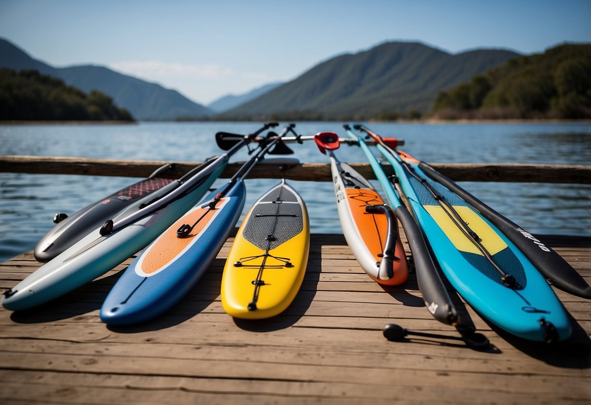 A paddleboarding rod selection: 5 options laid out with varying weights and designs, ready for evaluation and comparison