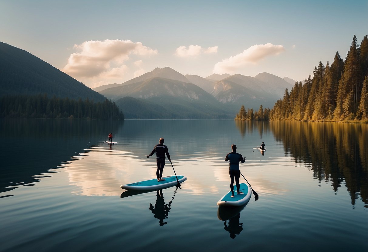 A serene lake with 5 sleek paddleboarding rods floating on the water, showcasing their lightweight design and the benefits they offer