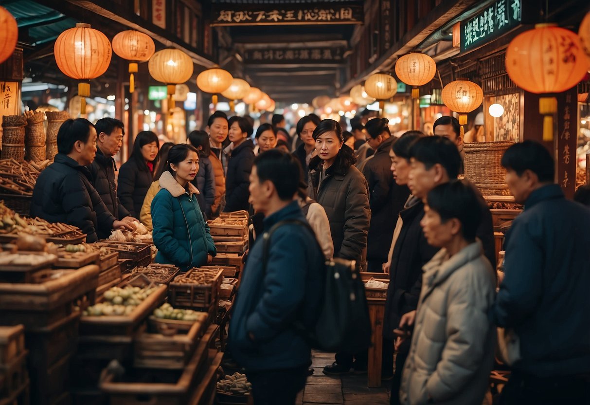 A bustling market with huanghuali furniture on display, surrounded by curious onlookers and potential buyers, showcasing the cultural and market impact of this traditional Chinese craft