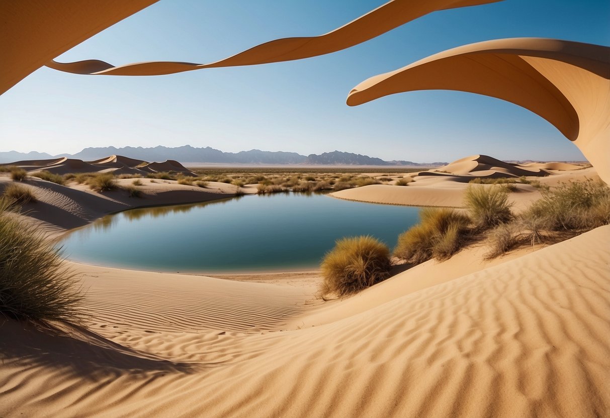 A serene desert landscape with a winding river or tranquil lake, surrounded by towering sand dunes and a clear blue sky