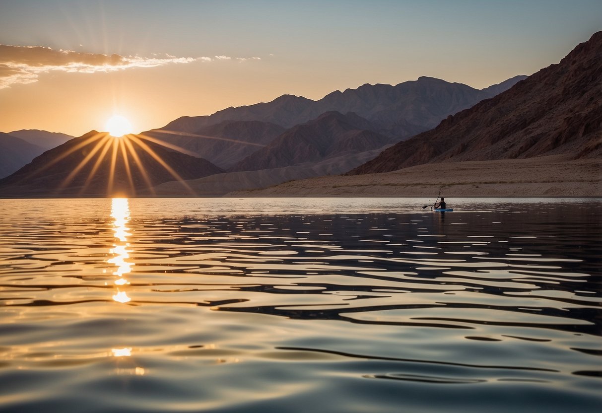 The sun sets over the calm waters of Lake Mead, with desert mountains in the background. A paddleboard glides across the surface, leaving gentle ripples in its wake