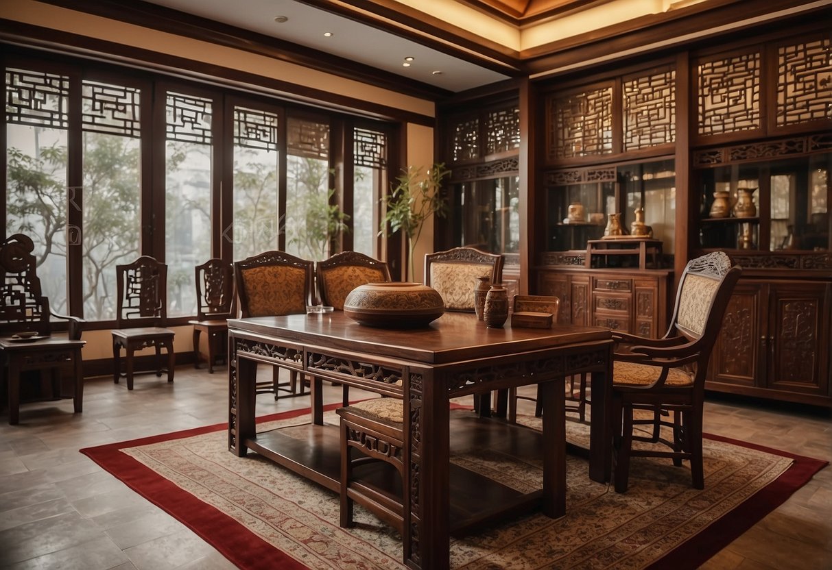 A traditional Chinese room with huanghuali furniture displayed, surrounded by curious onlookers seeking information