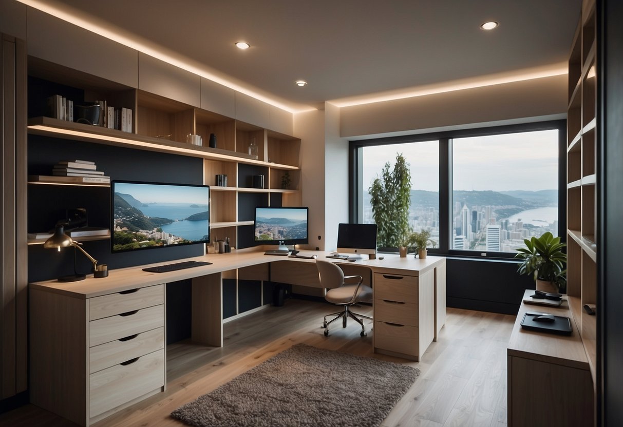 A room with built-in furniture: shelves, cabinets, and desks. Clean, modern design with integrated lighting and hidden storage