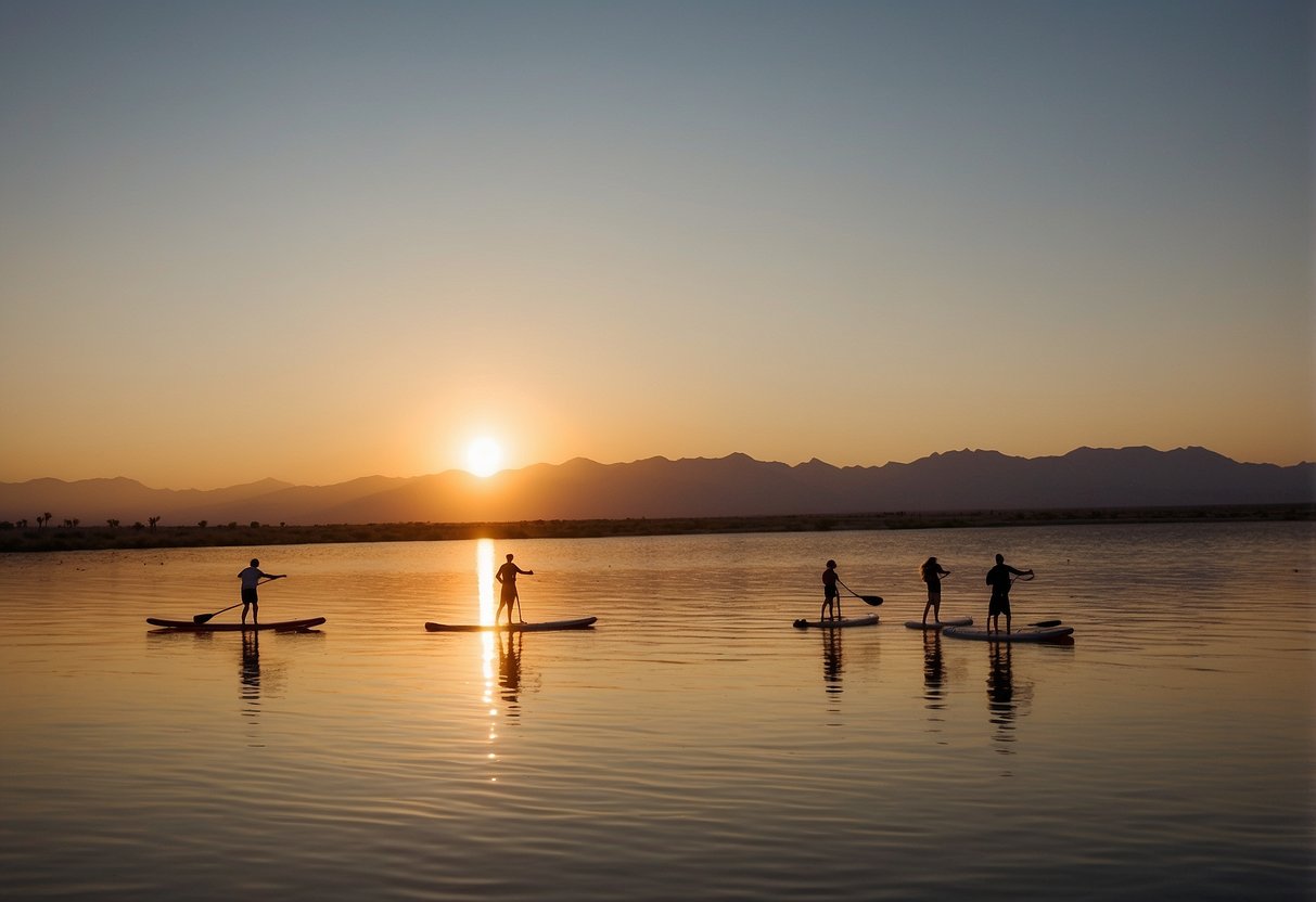 The sun sets over the calm waters of Salton Sea, casting a warm glow on the desert landscape. Paddleboarders navigate through the serene scene, surrounded by the rugged beauty of the California desert