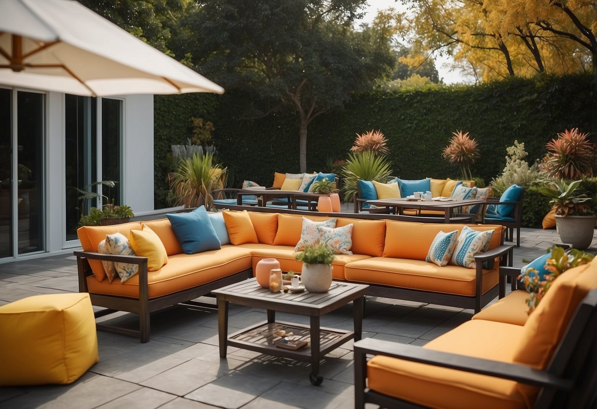 A colorful array of patio furniture on sale, with bright umbrellas and cushions, set up in a spacious outdoor area