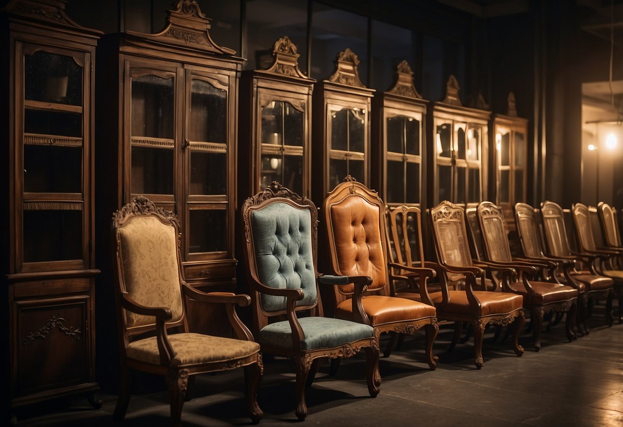 An array of weathered chairs, tables, and cabinets fills a dimly lit room in Singapore, each piece bearing the marks of time and use