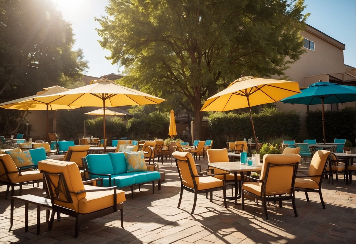 A colorful array of patio furniture on sale, with umbrellas, tables, and chairs displayed in a sunny outdoor setting