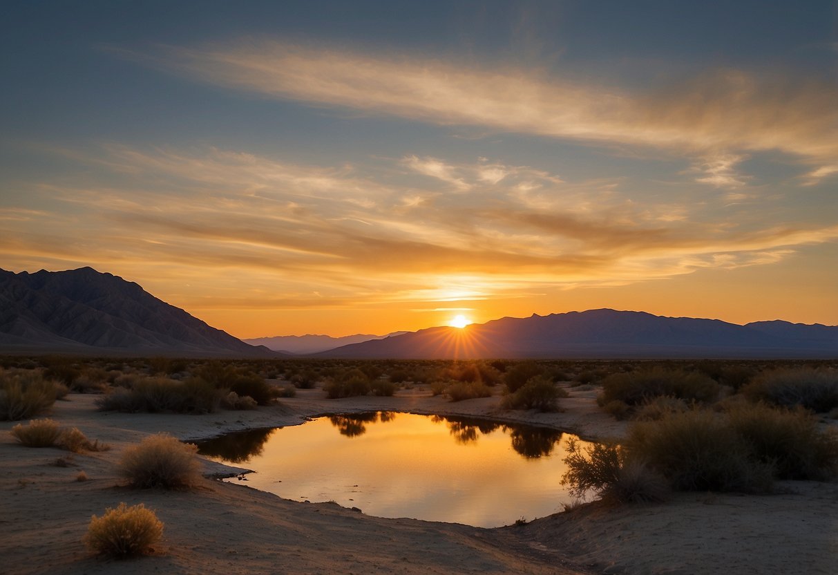 The sun sets over the vast Anza-Borrego Desert State Park, casting a warm glow on the rugged landscape. A tranquil river winds through the desert, perfect for stand-up paddleboarding