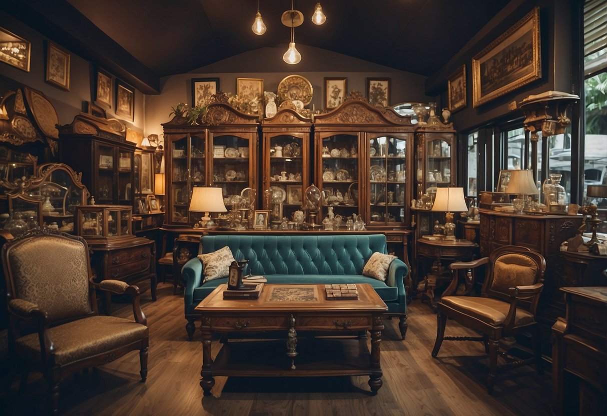 A cluttered antique shop in Singapore showcases a diverse collection of vintage furniture, including ornate chairs, weathered tables, and intricate cabinets