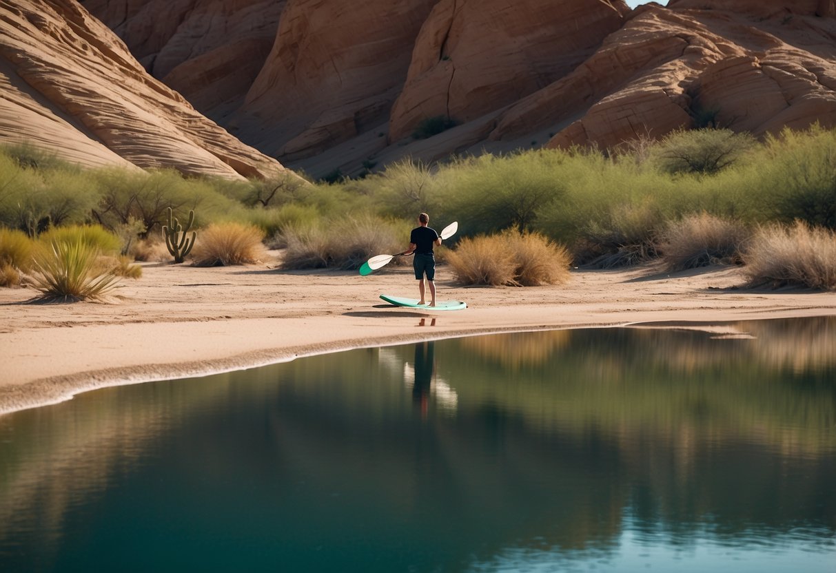 A serene desert landscape with a calm, winding river surrounded by sand dunes and cacti. A paddleboarder glides peacefully along the water, enjoying the solitude and natural beauty