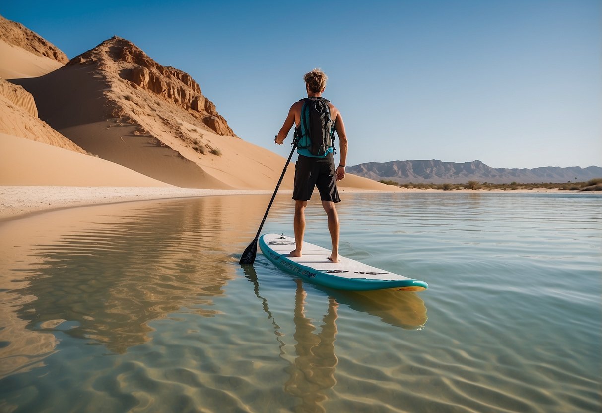 A serene desert landscape with calm waters, a clear blue sky, and towering sand dunes in the background. A paddleboarder navigates the tranquil desert waters, following the recommended routes for a safe and enjoyable experience