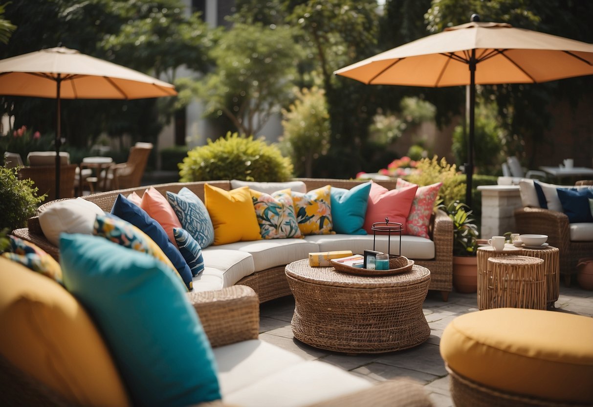 A colorful array of patio furniture on sale, arranged in an inviting outdoor setting, with vibrant cushions and umbrellas, creating a cozy and stylish atmosphere