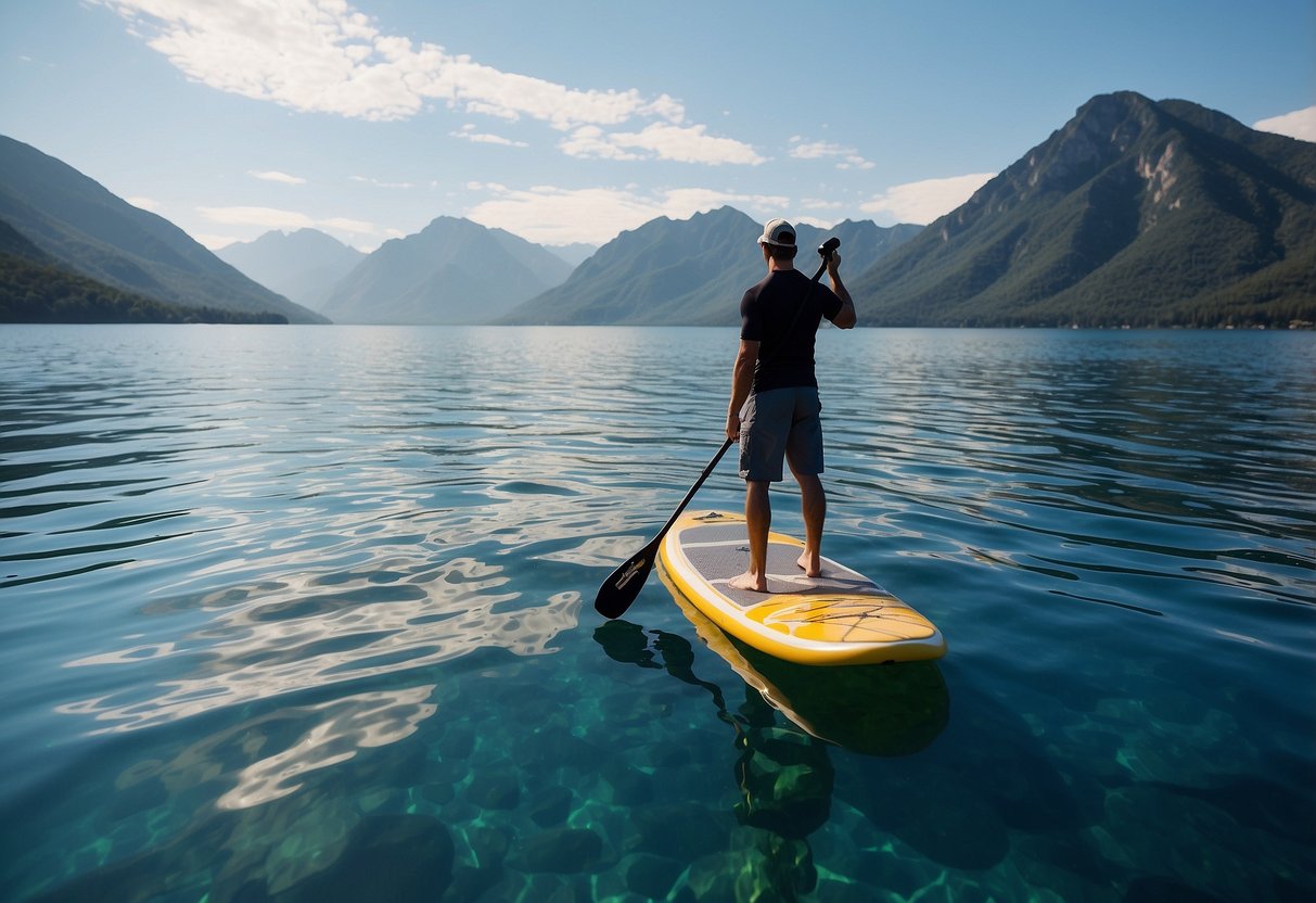 A paddleboard floats on calm, blue water with a clear sky overhead. A distant shoreline and mountains create a picturesque backdrop. A cooler and sunscreen sit on the board, ready for use