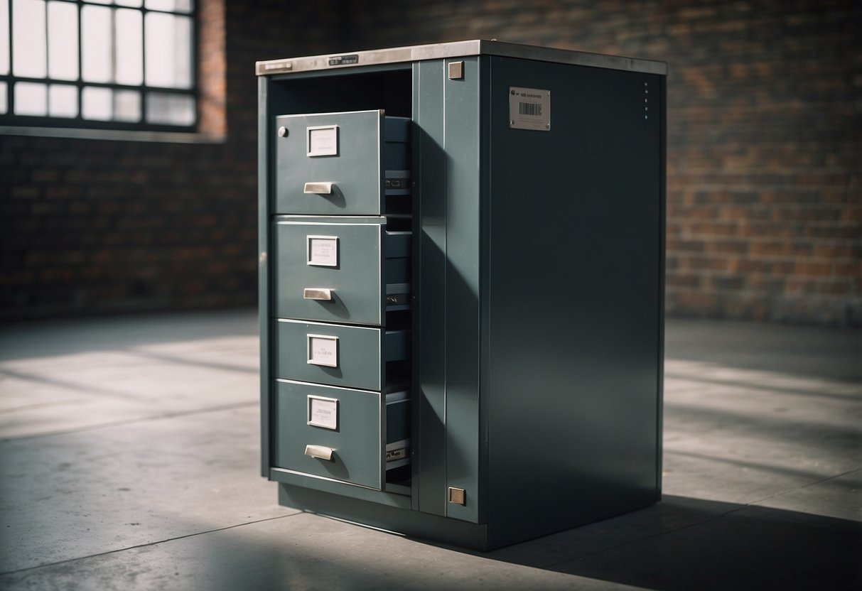 A file cabinet sits against a wall, its drawers closed. The metal exterior is dented and scuffed, showing signs of wear