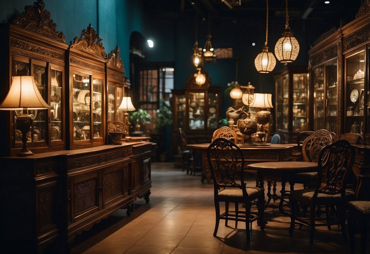 A dimly lit antique shop in Singapore showcases a collection of old furniture, including intricately carved wooden chairs, ornate cabinets, and vintage tables
