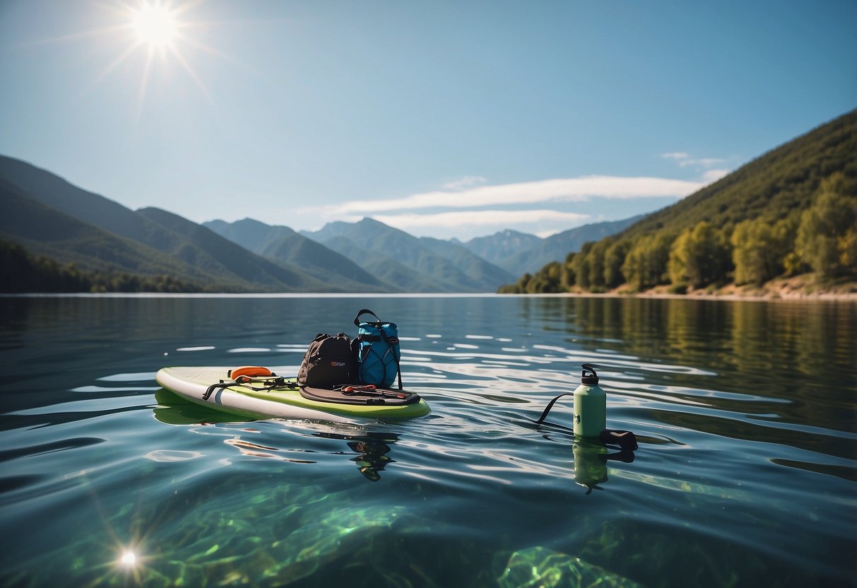 A paddleboard floating on calm water, with a water bottle placed on the board. The sun is shining, and there are distant mountains in the background