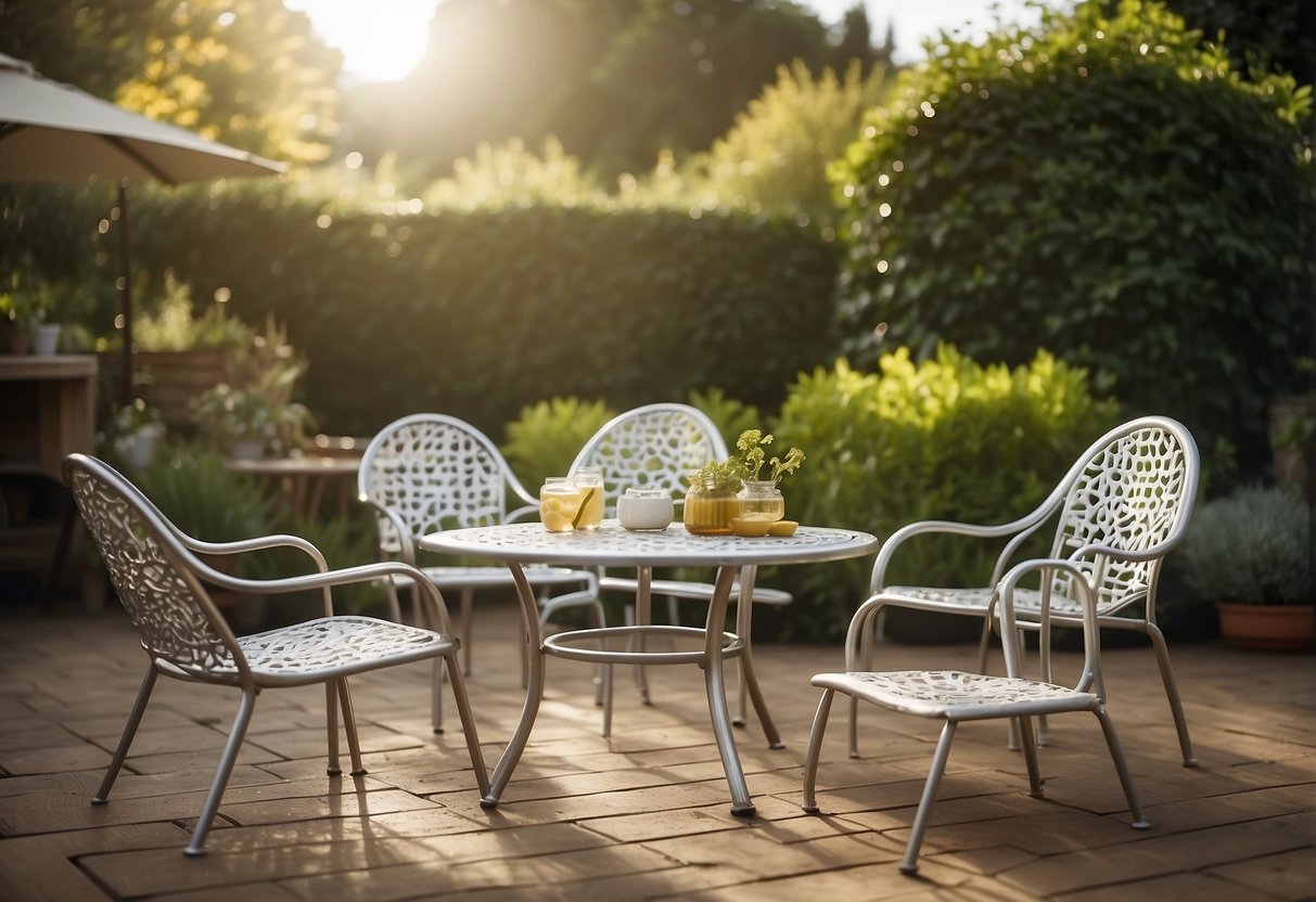 A sunny outdoor setting with a variety of cast aluminium garden furniture displayed for sale. The furniture includes chairs, tables, and loungers arranged attractively in a garden or patio setting