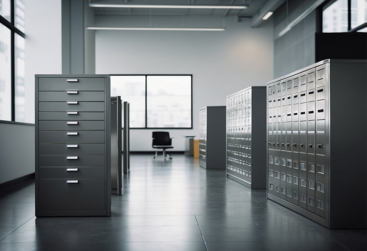 A modern office with a sleek, metal file cabinet against a clean, white wall. The cabinet has multiple drawers and a lock, with organized files inside