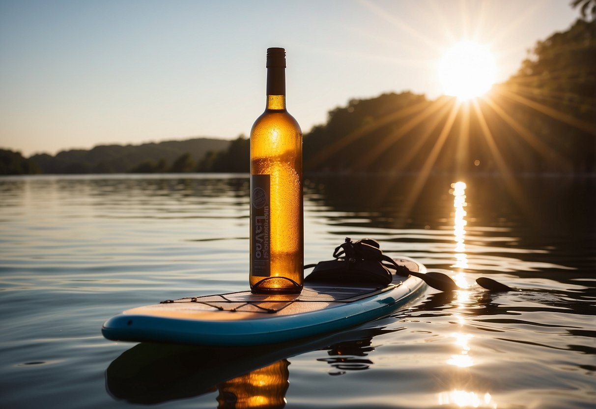 A paddleboard floats on calm, glistening water. The sun shines brightly overhead, casting a warm glow on the scene. A bottle of sunscreen sits nearby, ready for use