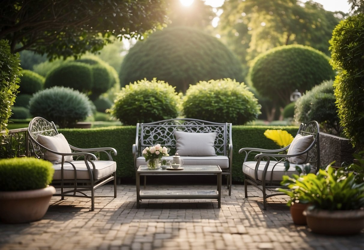 A serene garden setting with cast aluminium furniture on display for sale. Lush greenery and a tranquil atmosphere invite customers to explore the elegant outdoor pieces