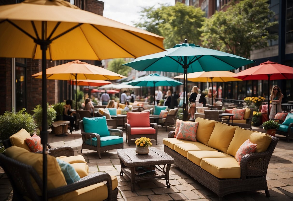 A colorful array of patio furniture on sale, with bright umbrellas and cozy seating, surrounded by eager customers browsing the discounted items