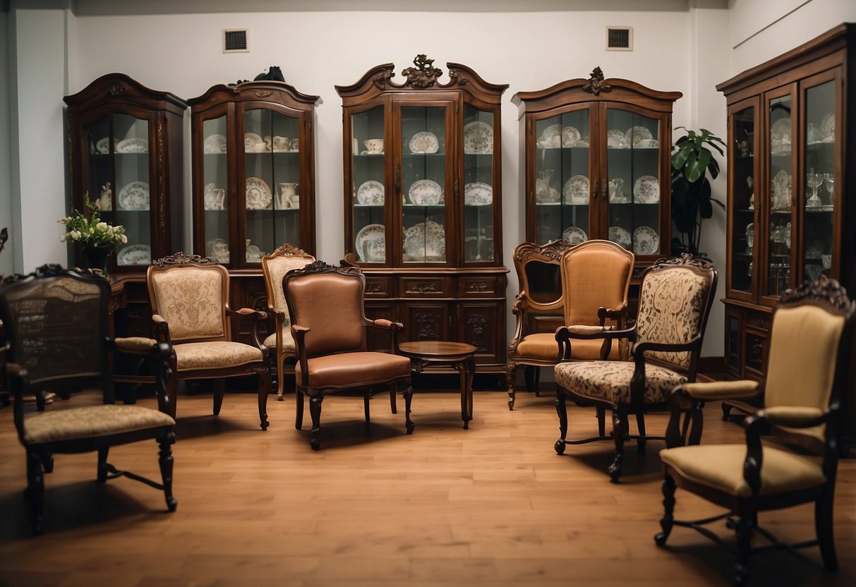 A collection of old furniture in Singapore, including chairs, tables, and cabinets, is neatly arranged in a well-lit room
