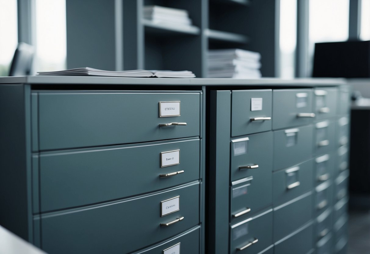 A sleek file cabinet sits against a clean, modern office backdrop, with neatly organized folders and labels inside