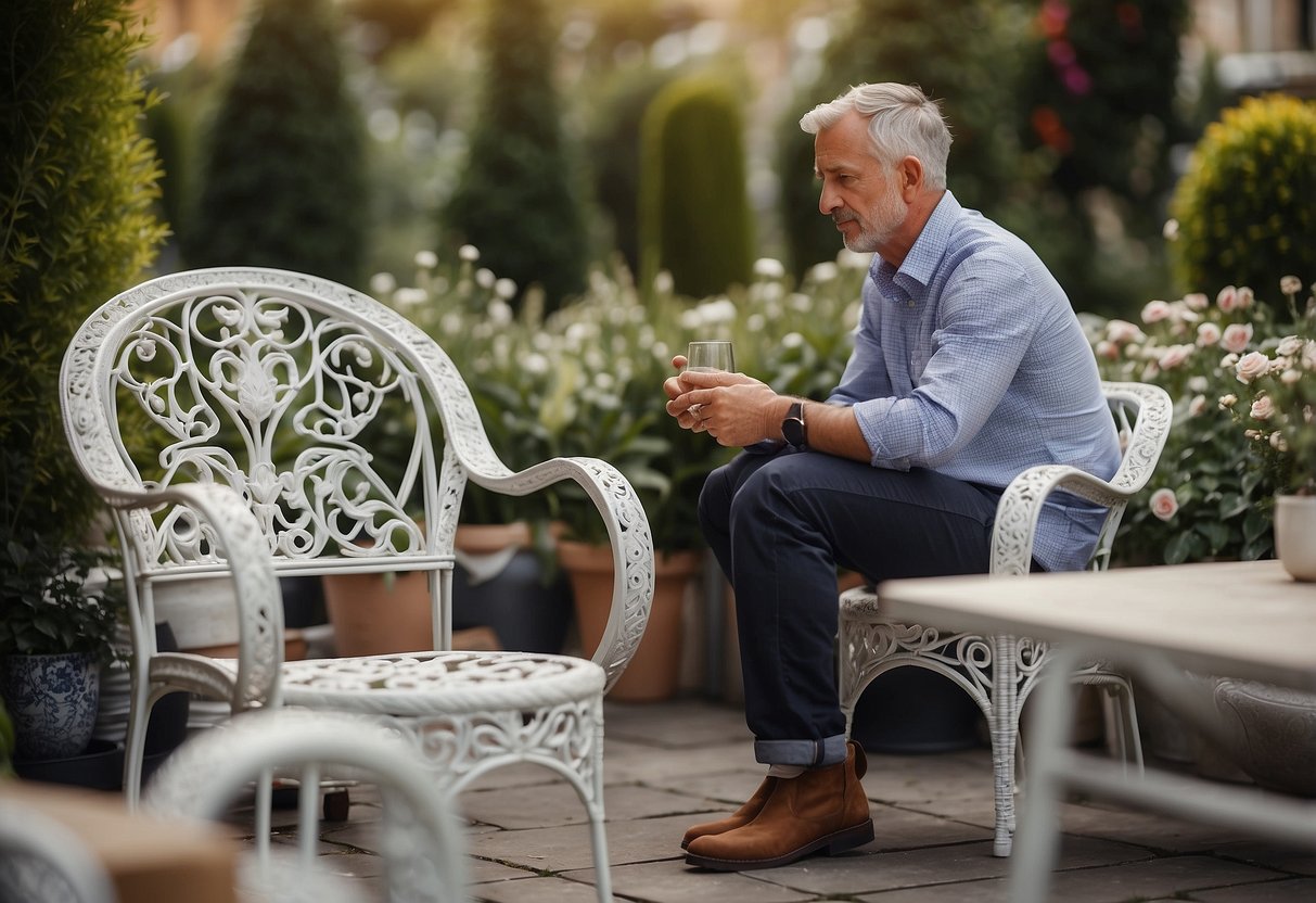 A customer carefully choosing cast aluminium garden furniture from a variety of options displayed in a sale