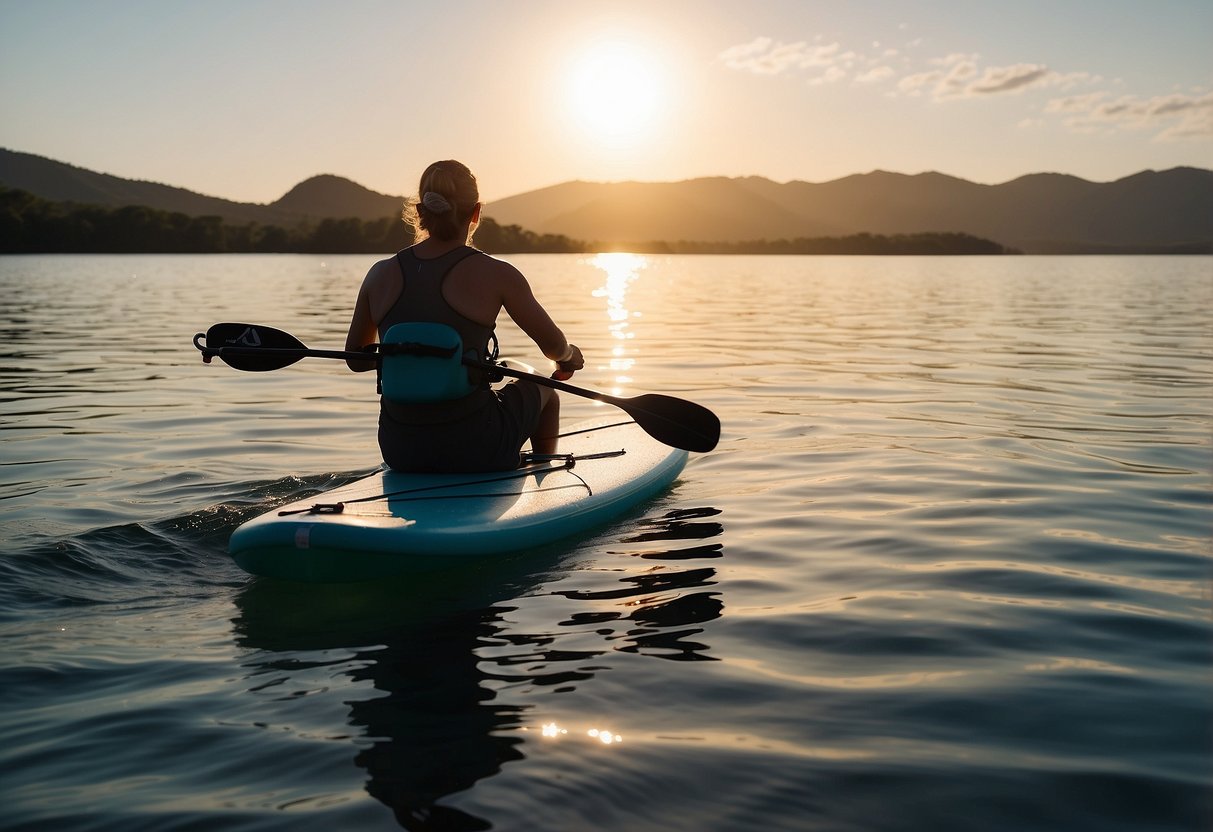 A paddleboarder glides across calm water, with a Hydro Flask Journey Series hydration system secured to their board. The sun shines overhead, and the surrounding landscape is serene