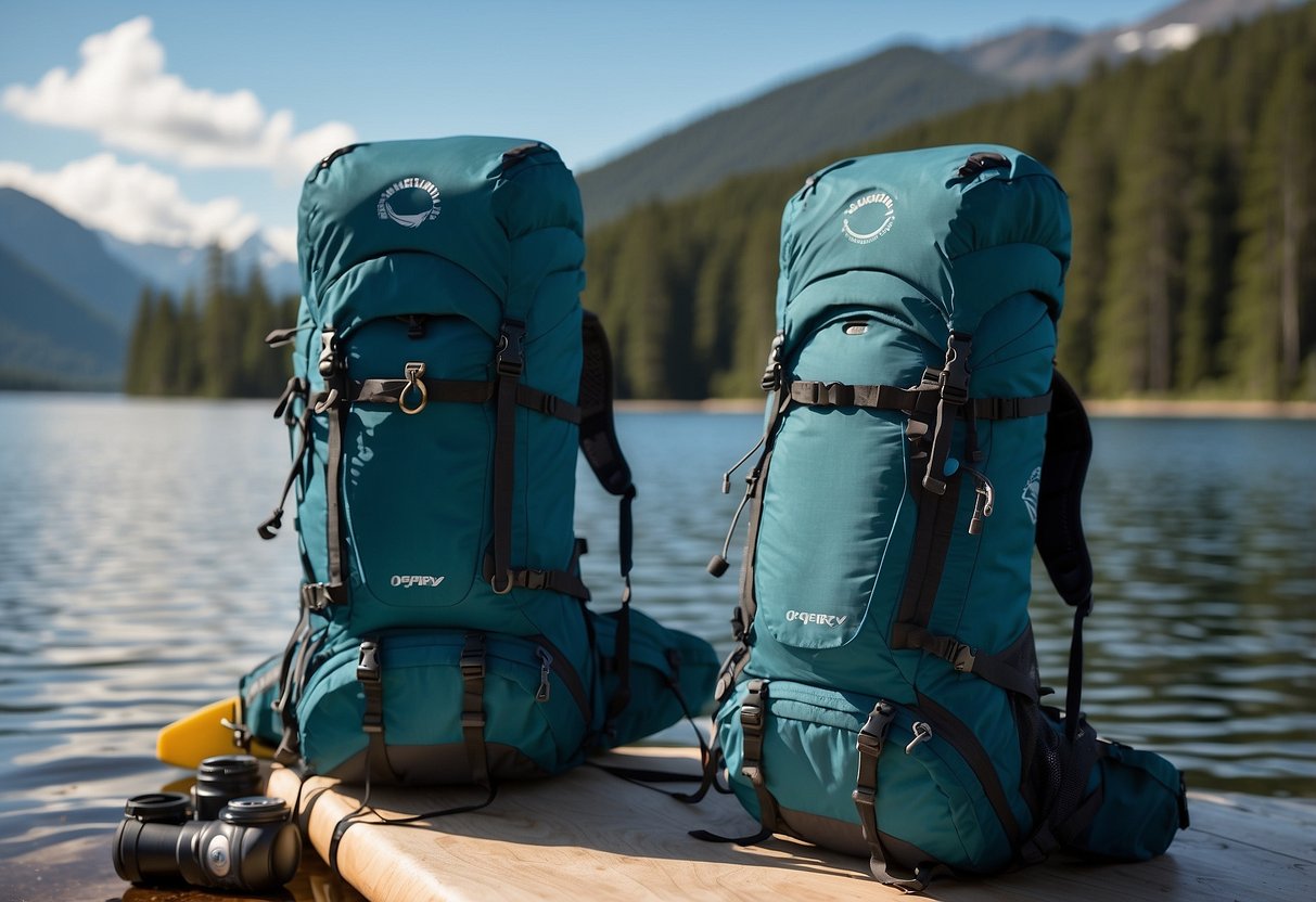 A blue Osprey Seral Lumbar Hydration Pack rests on a paddleboard beside a calm, sunlit lake. The pack's sleek design and adjustable straps are prominently displayed