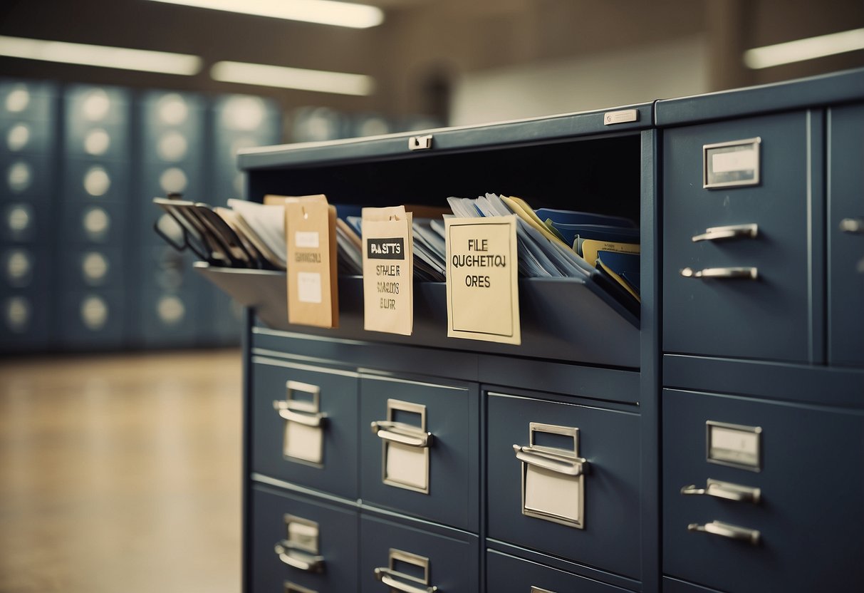 A file cabinet stands open, overflowing with neatly labeled folders. A sign above reads "Frequently Asked Questions."