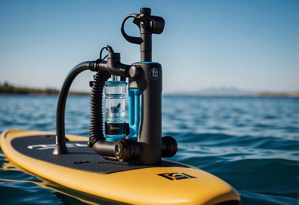 A Geigerrig hydration engine attached to a paddleboard, surrounded by calm waters and a clear blue sky