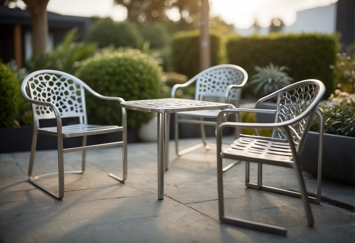 A group of modern, sleek aluminium garden furniture pieces arranged in an outdoor setting with a "Sale" sign displayed prominently