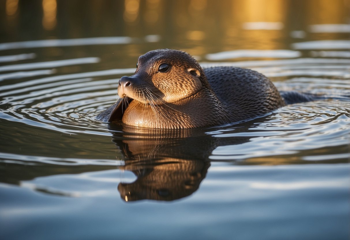 A platypus floats on calm water, surrounded by paddleboarding gear. The sun shines down, reflecting off the water, as the platypus enjoys a peaceful paddleboarding trip