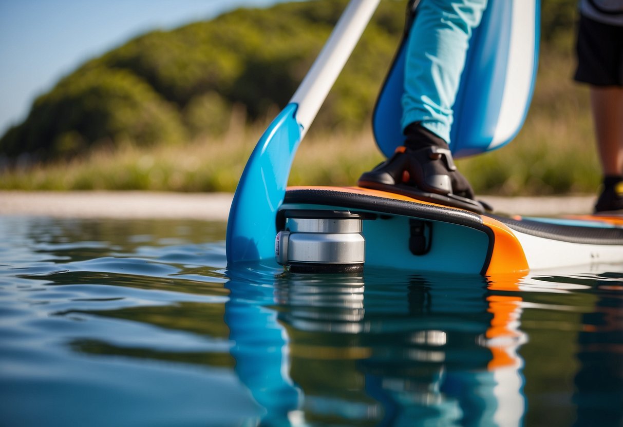 A paddleboard with 5 hydration systems attached, set against a backdrop of calm water and a clear blue sky