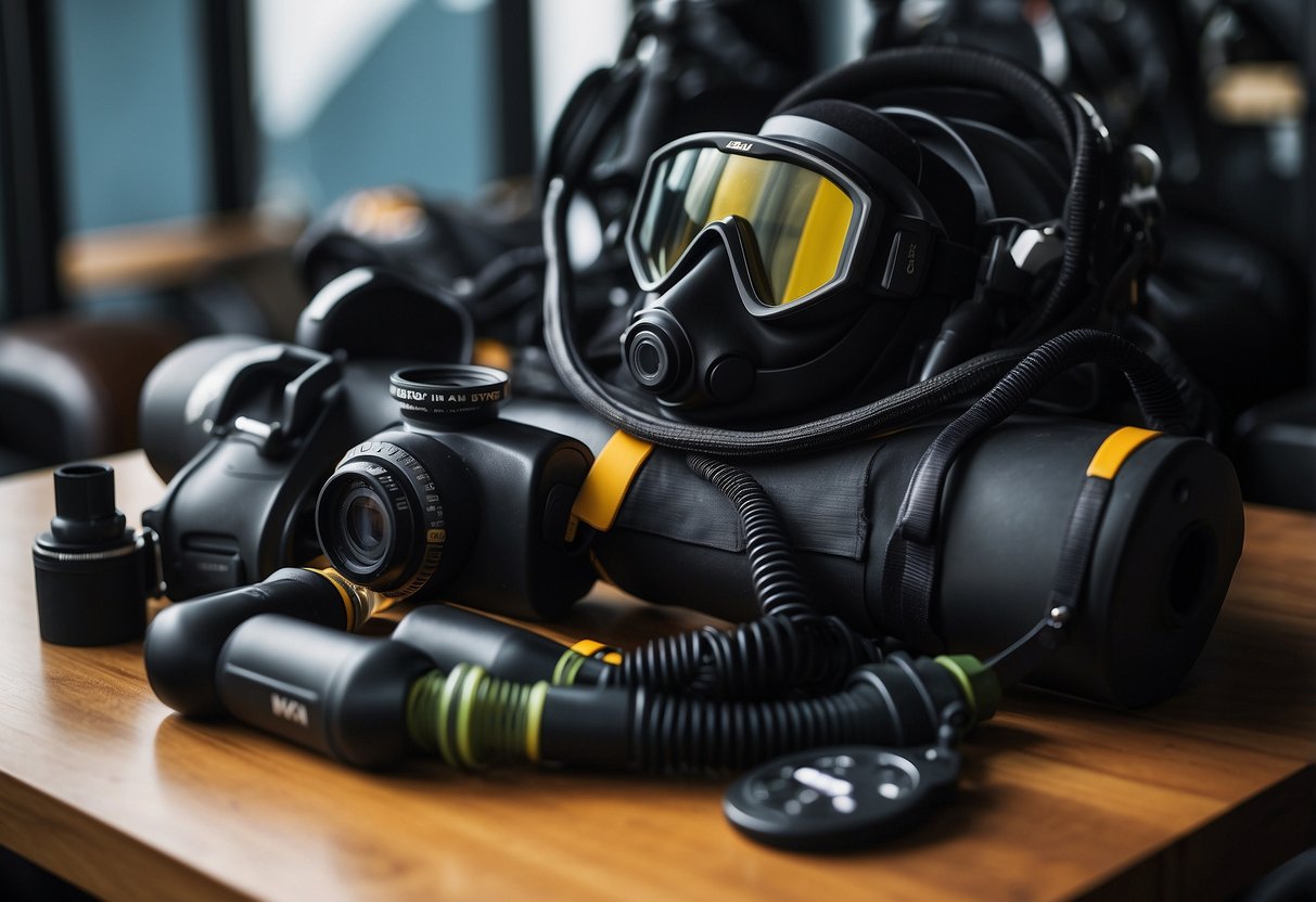 A table with scuba gear laid out: mask, fins, snorkel, wetsuit, buoyancy control device, regulator, depth gauge, compass, dive computer, and tank