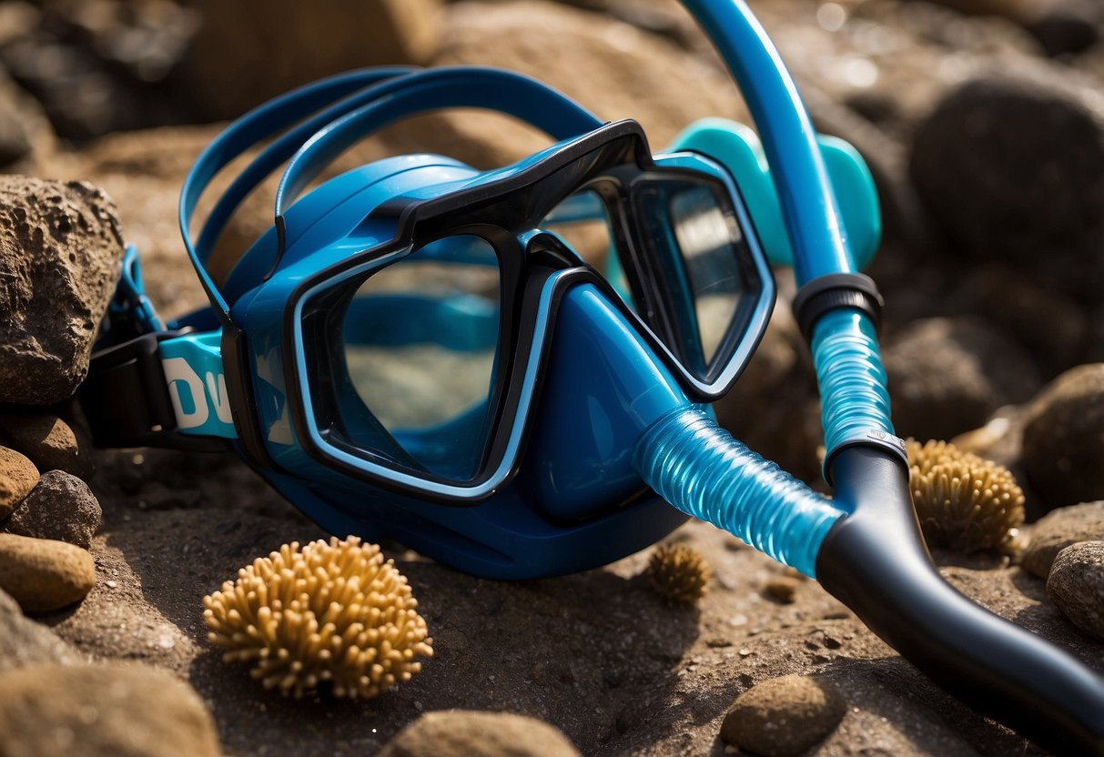 A bright blue Cressi Supernova Dry Snorkel stands out among 10 essential scuba diving gear items. The snorkel's sleek design and durable construction are highlighted in the scene