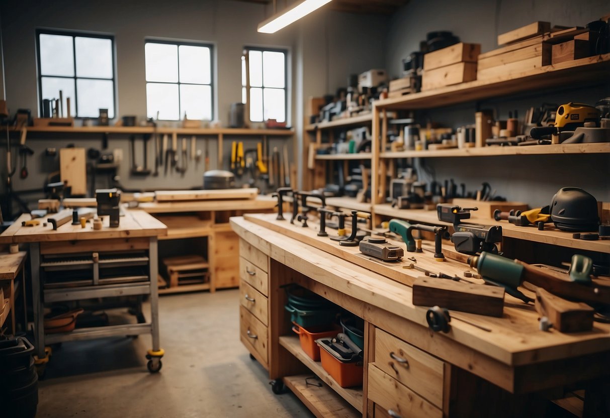 A workshop filled with tools and wood, with custom furniture pieces in various stages of completion