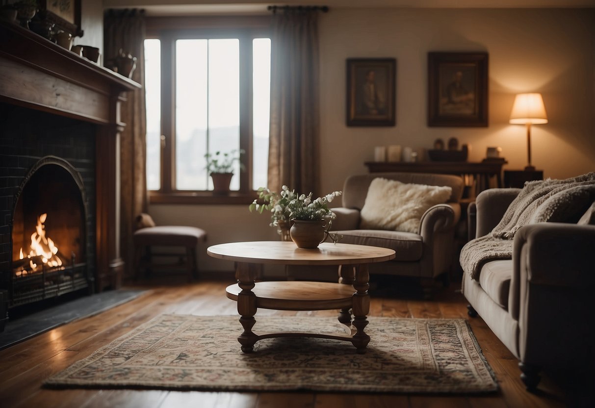 A cozy living room with claw foot furniture, a vintage rug, and a crackling fireplace