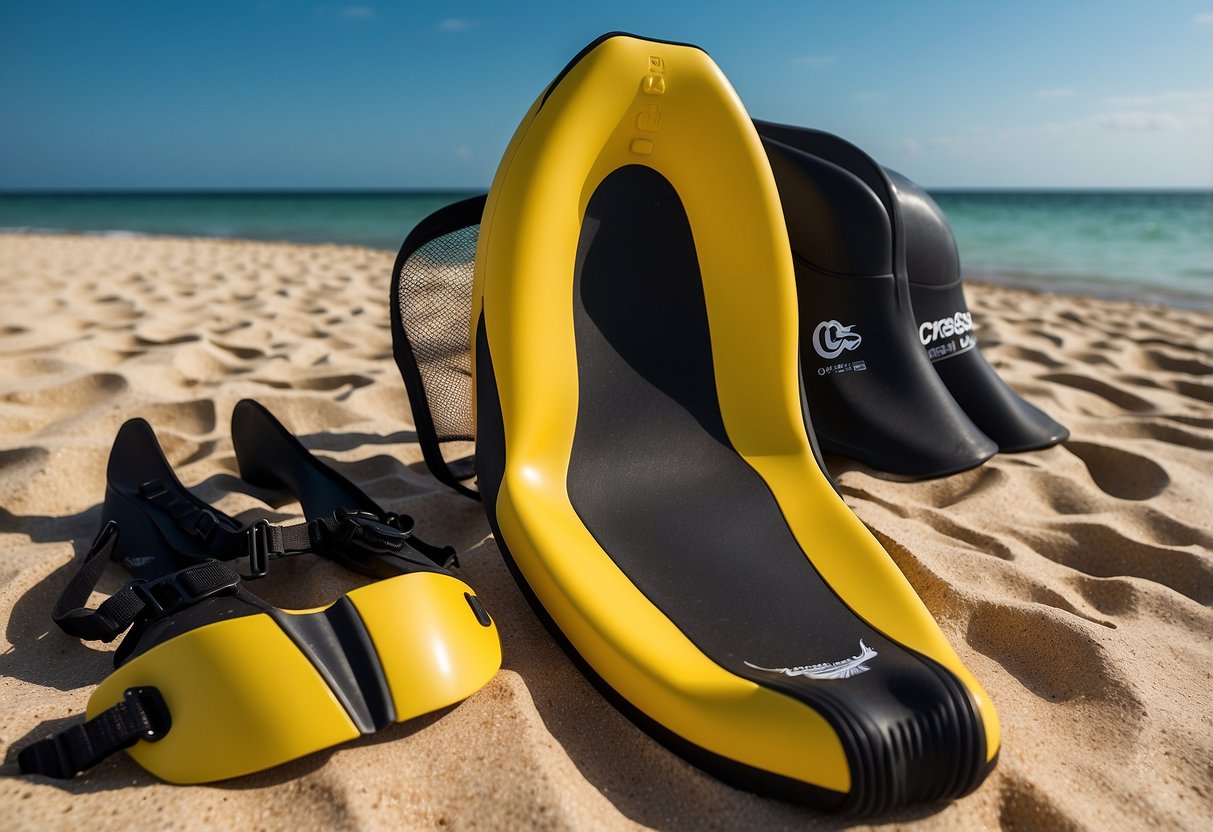 A bright yellow Cressi Light Shorty Wetsuit lies on a sandy beach next to a pair of fins, a mask, and a snorkel. Other scuba gear items surround it