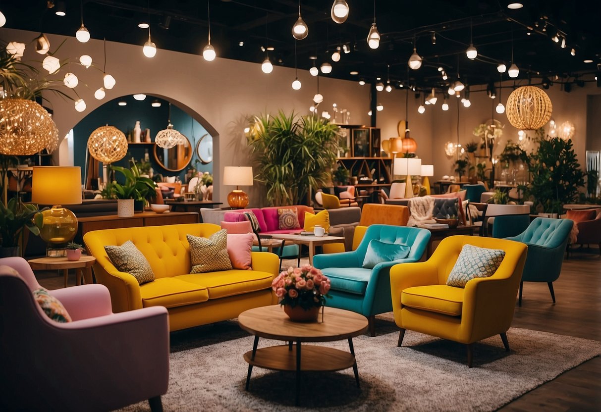 Colorful furniture stores display cozy chairs and vibrant sofas, surrounded by quirky decor and stylish lighting