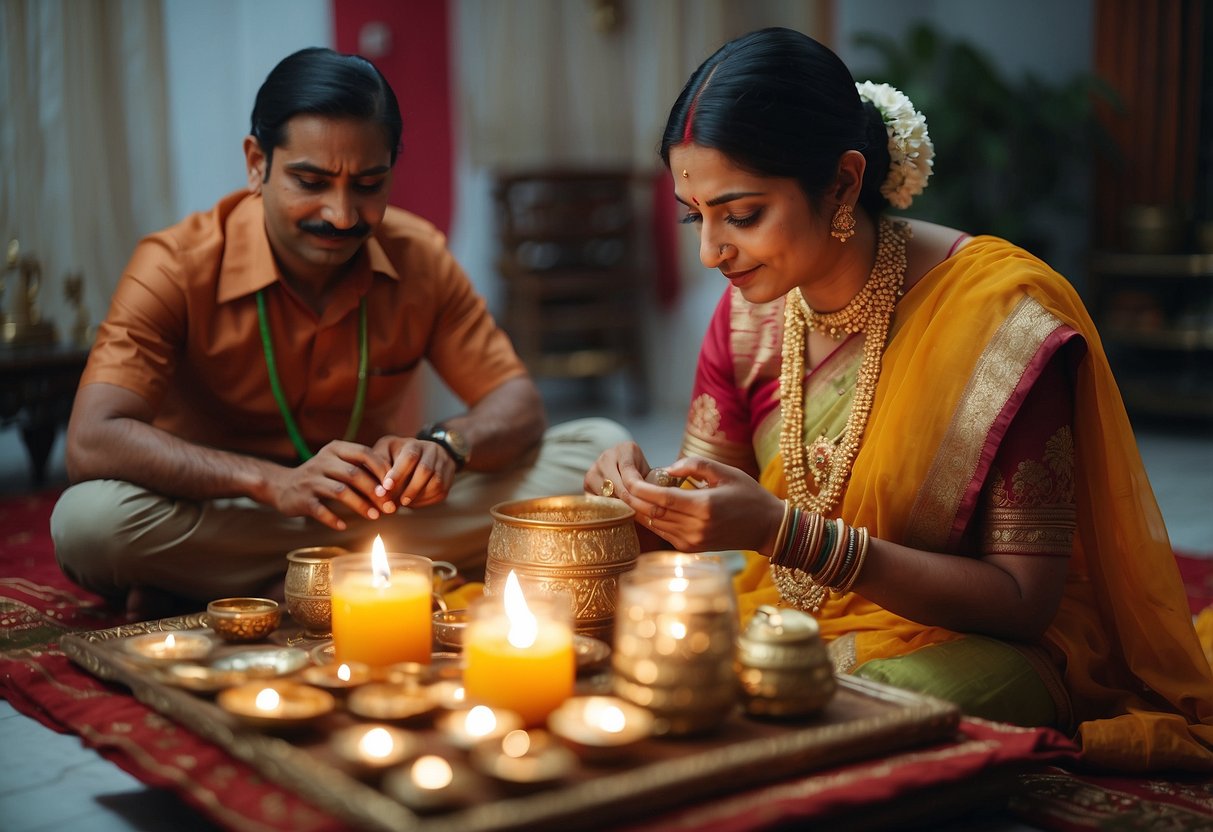 A family rearranges furniture for a traditional griha pravesh ceremony