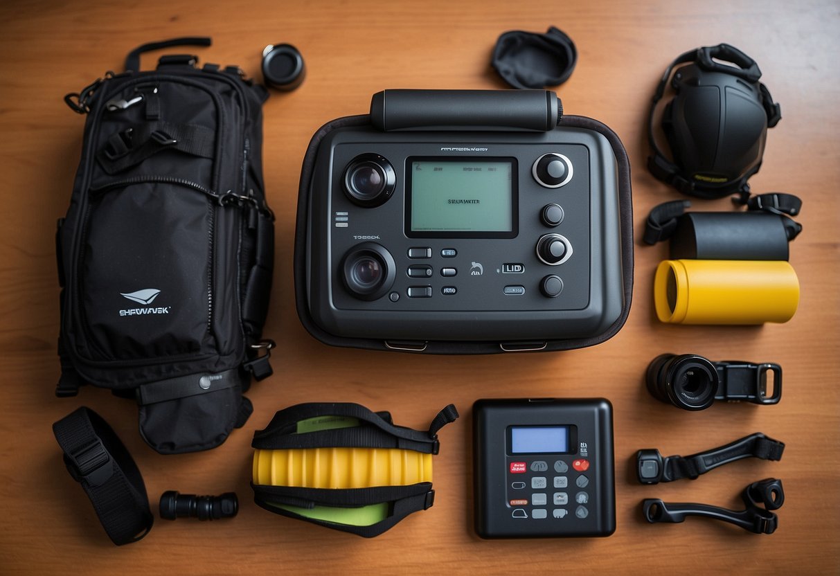 A Shearwater Peregrine dive computer sits among 10 essential scuba gear items, including a mask, fins, and regulator, ready for a beginner diver's adventure