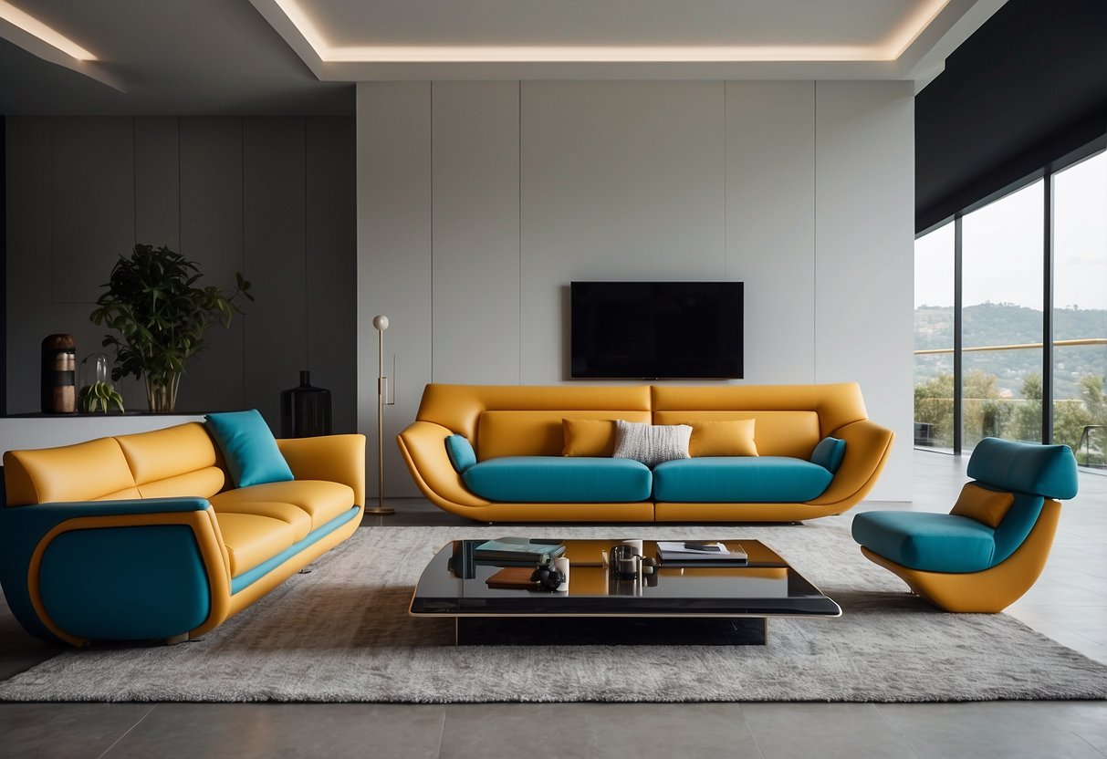 A modern living room with sleek Pierre Cardin furniture, featuring clean lines, bold colors, and futuristic design elements