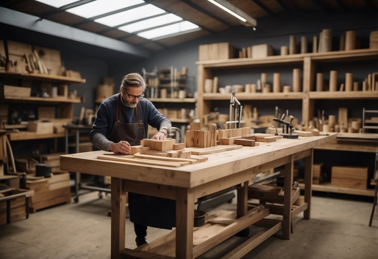 Artisan tools and raw materials fill the workshop of bespoke furniture makers. Shelves display finished pieces, while craftsmen work on custom designs