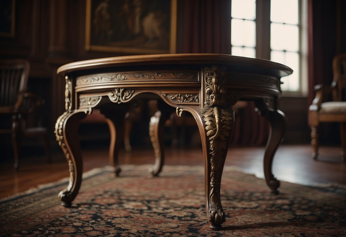 An antique claw foot table sits in a dimly lit room, surrounded by other vintage furniture pieces. The table's ornate, curved legs and intricate detailing showcase its historical significance