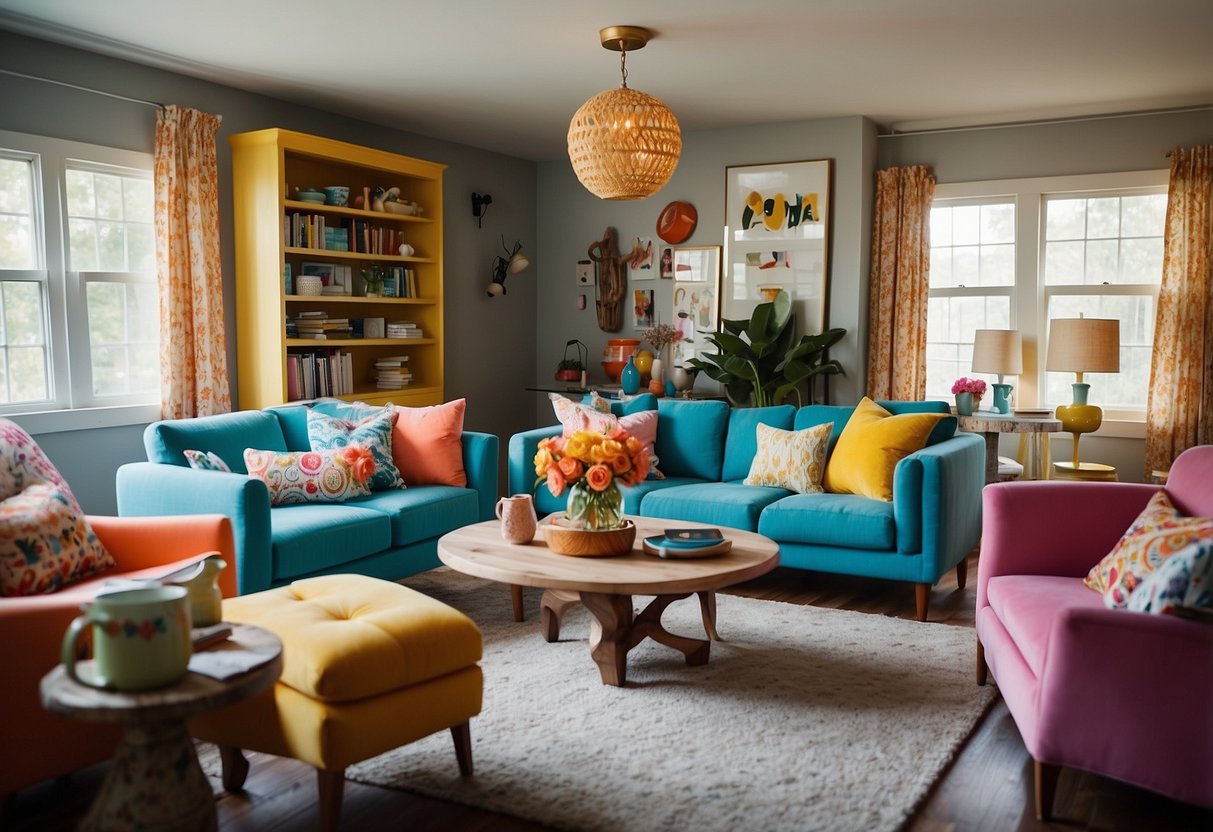 A cozy living room with colorful, whimsical furniture pieces arranged in a playful and inviting manner. Bright patterns and unique designs adorn the chairs, tables, and shelves, creating a fun and charming atmosphere