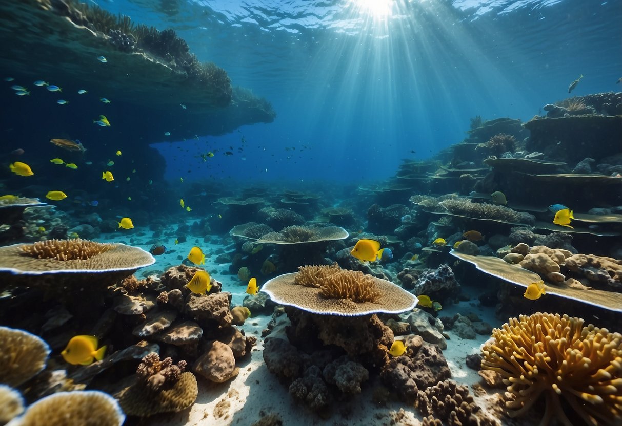 Clear, turquoise water surrounds vibrant coral reefs teeming with colorful fish. Sunlight filters down from above, illuminating the underwater landscape